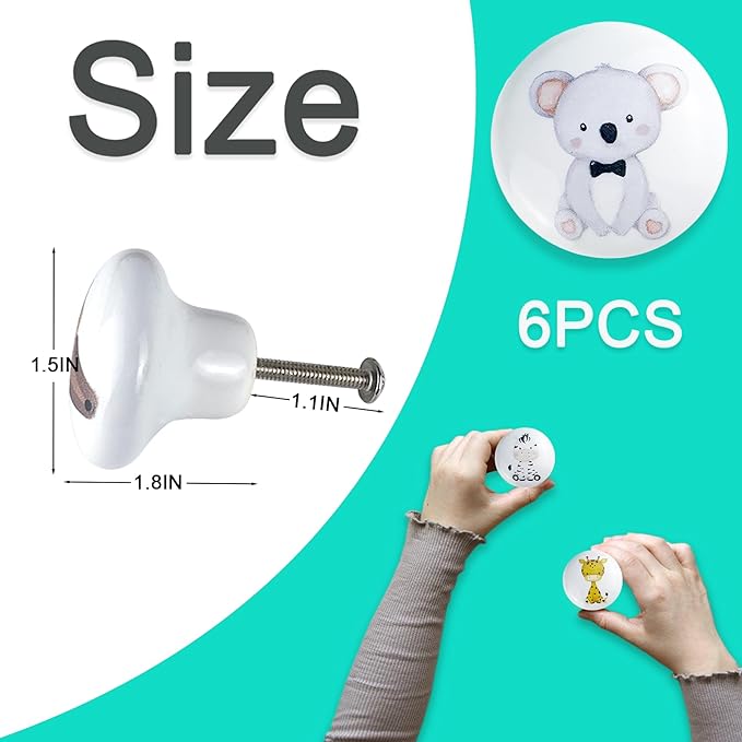 6 Pack 1.5" Ceramics Cute Animals Baby Nursery Room Dresser Drawers Knobs Kids Colorful Cabinet Handle Knobs (Monkey)