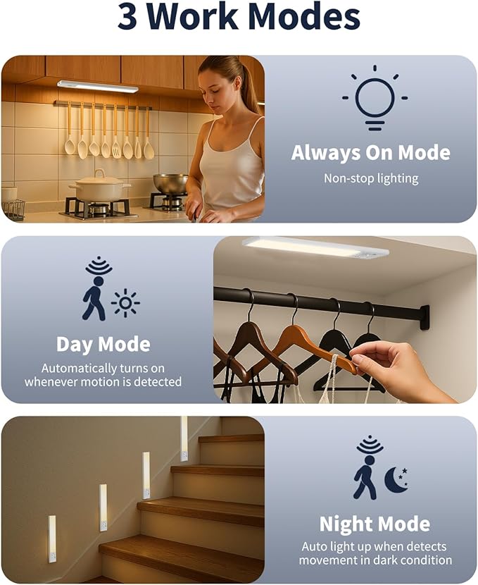 FBY Under Cabinet Lighting, 12 Inch Motion Sensor Light Indoor, 1800mAh USB Rechargeable Closet Light, 3 Color Temperature Operable LED Lights, Can Be Used for Wardrobes, Cabinets, Stairs (3 Pack)