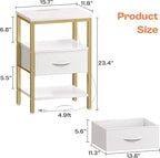 SUPERJARE Nightstand with Charging Station, Bed Side Table with Adjustable Fabric Drawer, Night Stand for Bedroom, 3-Tier Storage End Table, for Living Room, White and Gold