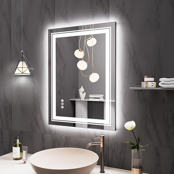 32" x 24" LED Bathroom Mirror with Lights, Front and Backlit Mirror, Anti-Fog Lighted Vanity Mirror, Stepless Dimmable, 3 Colors LED Mirror (Horizontal/Vertical)