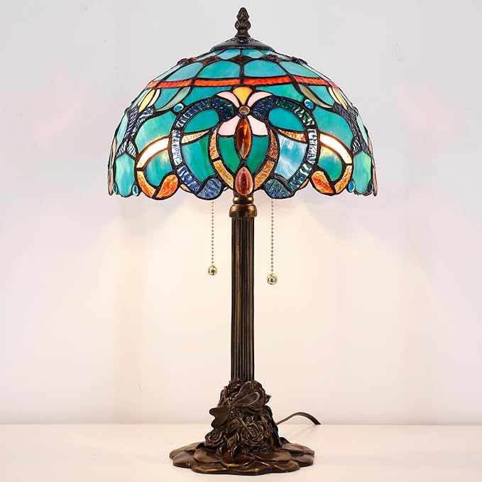Tiffany Stained Glass Table Lamp 12X12X21Inch Resin Base Desk Bedroom Living Room Reading Light (Brown Jewelry Baroque)