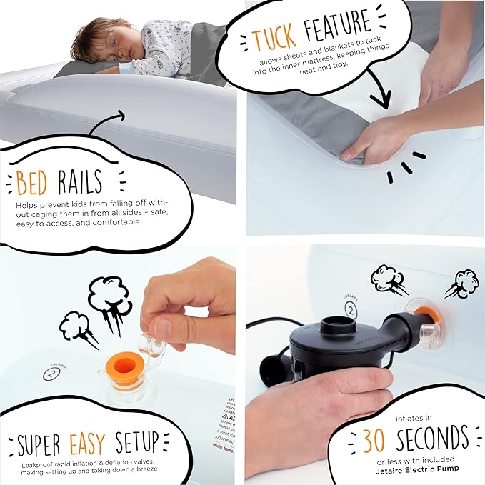 The Shrunks Toddler Travel Bed Portable Inflatable Air Mattress Blow Up Bed for Indoor/Outdoor Camping, Backyard, Hotel, or Home Use Kids/Toddler Floor Bed with Side Bed Rails and Electric Pump Grey