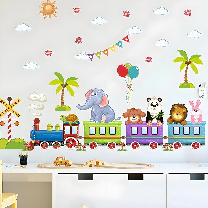 Jungle Animal Wall Stickers Train Elephant Panda Lion Rabbit Safari Wall Decals Kid Room Nursery Baby Bedroom Decor