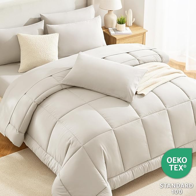 CozyLux King Size Comforter Set Beige, 7 Pieces Bed in a Bag, Beige Comforter King Size, All Season Bedding Sets with Stitch Quilted Comforter, Flat Sheet, Fitted Sheet, Pillowcases