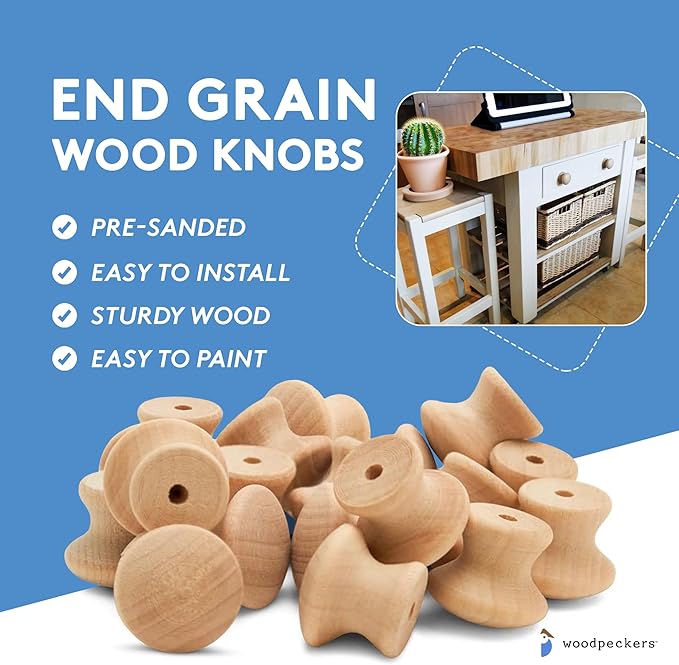 Woodpeckers Wood Knobs 1-3/4 inch, Pack of 25 Unfinished Small End Grain Wooden Knobs for Cabinets, Dressers, Drawer Pull, Furniture Replacement Knob, and Crafts