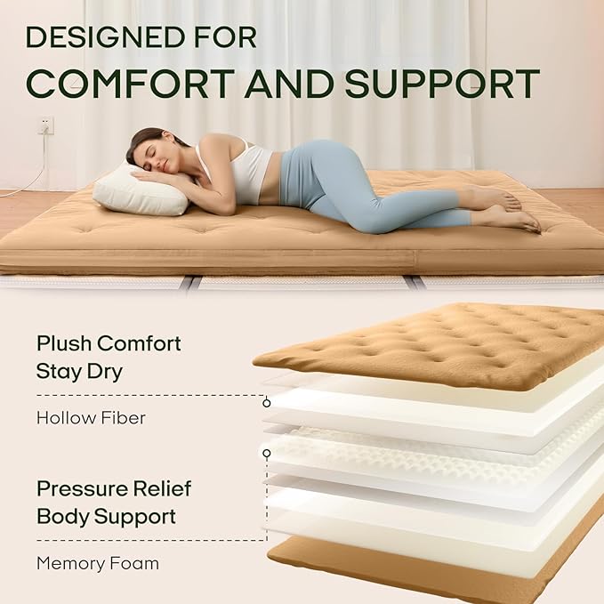 ZonLi Japanese Floor Futon Mattress Queen Size 80"x 60", 100% Cotton Cover 4'' Thicken Tatami Mattress, Foldable Sleeping Pad, Portable Dormitory Tatami Mat, Roll Up Floor Lounger Bed for Adult