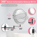 Wall Mounted Makeup Vanity Mirror with Lights, 8” Double Sided 1X/10X Wall Mount Magnifying Bathroom Shaving Mirror with 3 Color Lights, Rechargeable Touch Dimmable Extendable Cosmetic