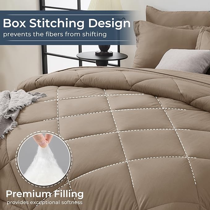 HEVUMYI Khaki Full Comforter Set - 7-Piece All Season Bed in a Bag Full, Ultra Soft Bedding Set with Comforter, Flat Sheet, Fitted Sheet, Pillowcases, Pillow Shams