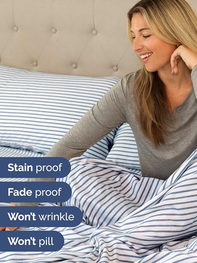Extra Deep Full Sheet Set - 6 Piece Breathable and Cooling Sheets - Hotel Luxury Bed Sheets Set - Easy Fit - Soft, Wrinkle Free and Comfy Sheets Set - Blue Striped Sheet Set with Extra Deep Pockets