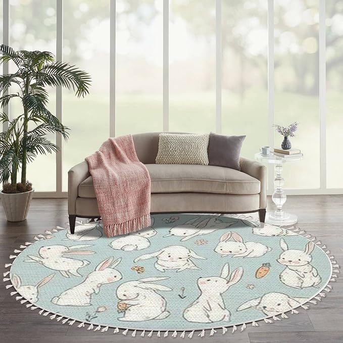 Round Rugs Cute Bunny Carrot Collection Hand Drawn Boho Area Rug Linen and Cotton Carpet Meditation Rug Washable Hallway Runner Mat Accent Rug for Bedroom Bathroom 6ft