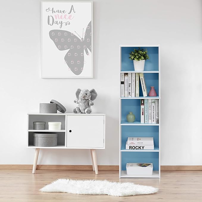 Furinno LUDER Book Shelf, 5-Tier Bookshelf, Bookcase, 9.4" x 15.8" x 52", for Living Room, Bedroom, Home Office, White/Light Blue