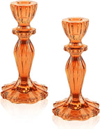 Glass Candle Holders, 2PCS Pillar Candle Holders Decorative Candlestick Holders Table Centerpieces Valentines Wedding Home Decor, Orange