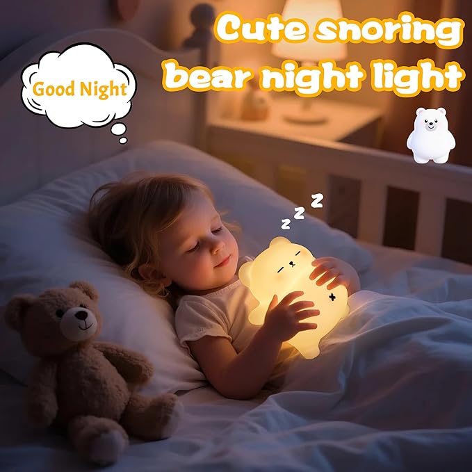 Sleepy Snoring Bear Night Light for Kids, Cute Animal Silicone Nursery Night Lamp with Snoring Sound, Breathing Bear Gifts for Birthday Xmas