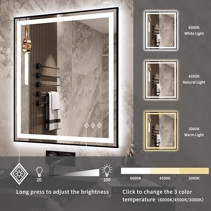 24"x 40" LED Bathroom Mirror with Black Frame, Stepless Dimmable, Anti-Fog, Shatter-Proof, Memory, 3 Colors, LED Vanity Mirror