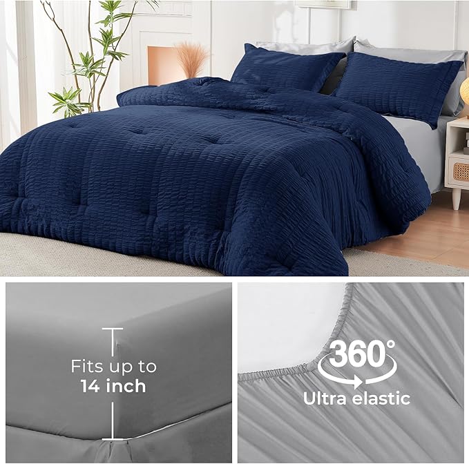HYMOKEGE Navy Blue/Light Grey California King Comforter Set Seersucker 7 Pieces, All Season Luxury Bed in a Bag for Bedroom, Bedding Set with Comforter, Sheets, Pillowcases & Shams