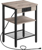 HOOBRO End Table with Charging Station and USB Port, Small Side Table for Small Space, 3-Tier Nightstand with Adjustable Shelf, for Living Room, Bedroom and Balcony, Greige BG112BZ01