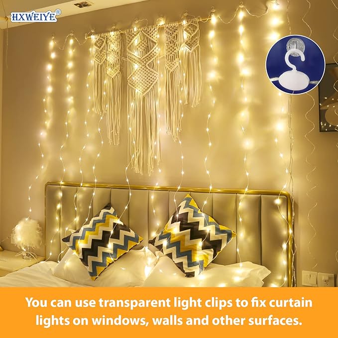 HXWEIYE 300LED Fairy Curtain Lights, 9.8x9.8Ft USB Plug-in 8 Modes Christmas String Hanging Lights with Remote for Bedroom Backdrop Wedding Party Indoor Wall Decor, Warm White, Tangle-Free