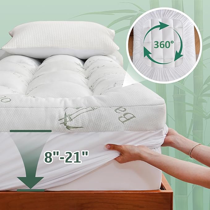 DOWNCOOL 3 Inch Memory Foam Mattress Topper Queen – Cooling Pillow Top Mattress Topper for Back Pain Relief, with Bamboo Viscose Air Layer, 1700 GSM Fill, Deep Pocket Fits 8–21 Inch