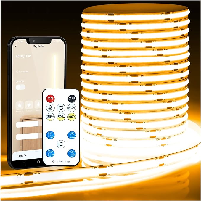 DAYBETTER COB Led Strip Light, Led Light Strips with Remote and App, 16.4 ft 3000K Dimmable Warm White Led COB Light Strip, Indoor COB Led Lights for Bedroom, TV, Mirror, Ceiling, Cabinet, Closet