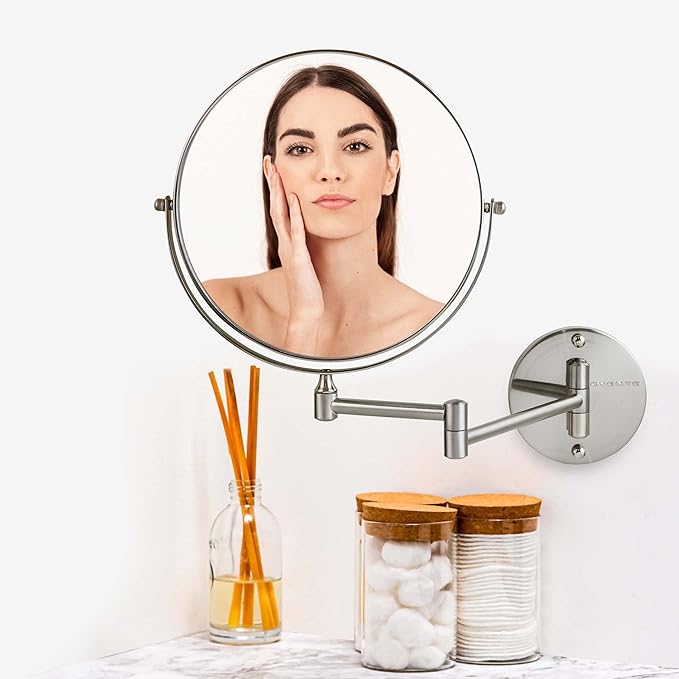 OVENTE 9" Wall Mounted Makeup Mirror with 1X/10X Magnification, Double Sided Magnifying Round Bathroom Vanity Mirror, 360° Swivel Design, Extendable and Folding Arm, Nickel Brushed MNLFW90BR1X10X
