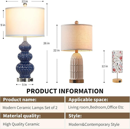 26" Blue Table Lamp Set of 2 with USB A+C Ports & AC Outlet, Ceramic Table Lamps Classic Beside Lamps Nightstand Lamp Modern Table Lamp for Living Room,LED Bulbs Included