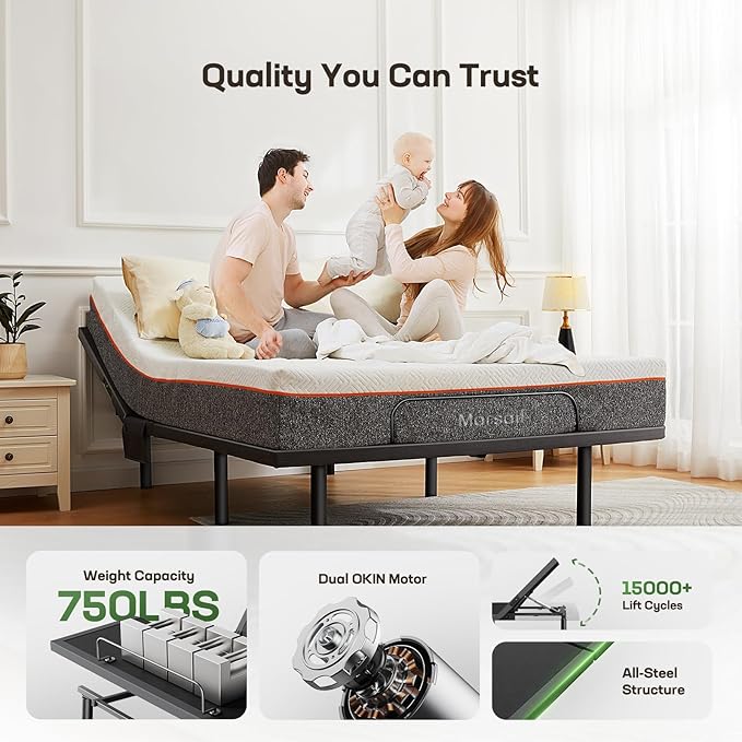 Marsail MS01 Queen Adjustable Bed Base Frame, 4 Ports USB A&C Adjustable Bed Base with Under-Bed Nightlight, 3 Minutes Fast Assembly, Wireless Remote Control Adjustable Bed with 4 Height Options