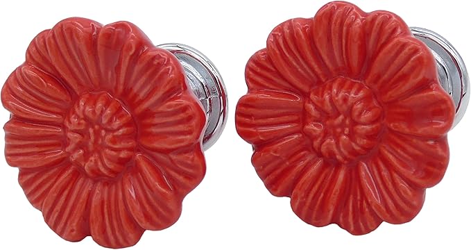 6PCS Vintage Floral Daisy Ceramic Dresser Drawer Knobs Elegant Cabinet Cupboard Door Hardware Pull Handles w/Screws Red