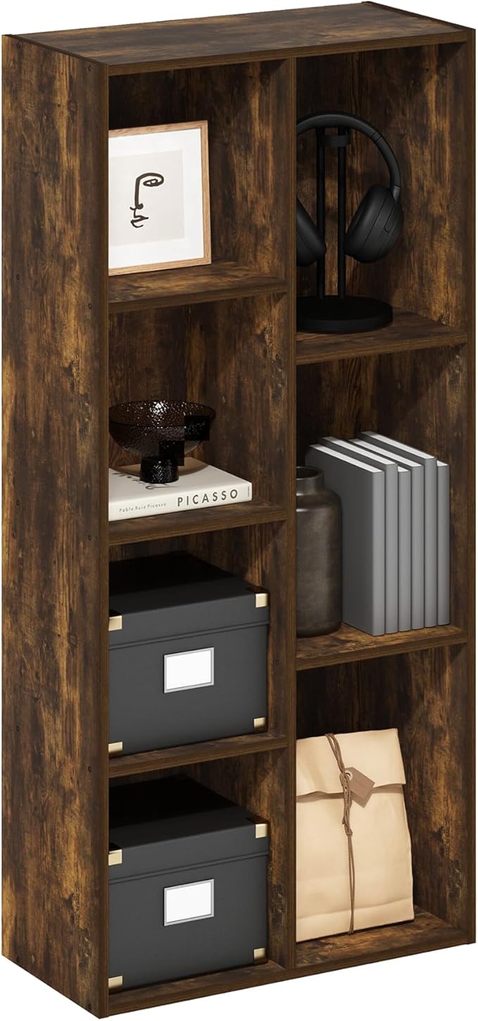 Furinno LUDER Book Shelf, 7-Cube Bookshelf, Bookcase, 9.4" x 19.5" x 41.7", for Living Room, Bedroom, Home Office, Amber Pine