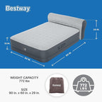 SleepLux Queen Air Mattress with Headboard | Supersoft Snugable Top, Extra Durable Tough Guard | Raised Airbed with Built in Pump + USB Charger (90"x60"x29") Grey