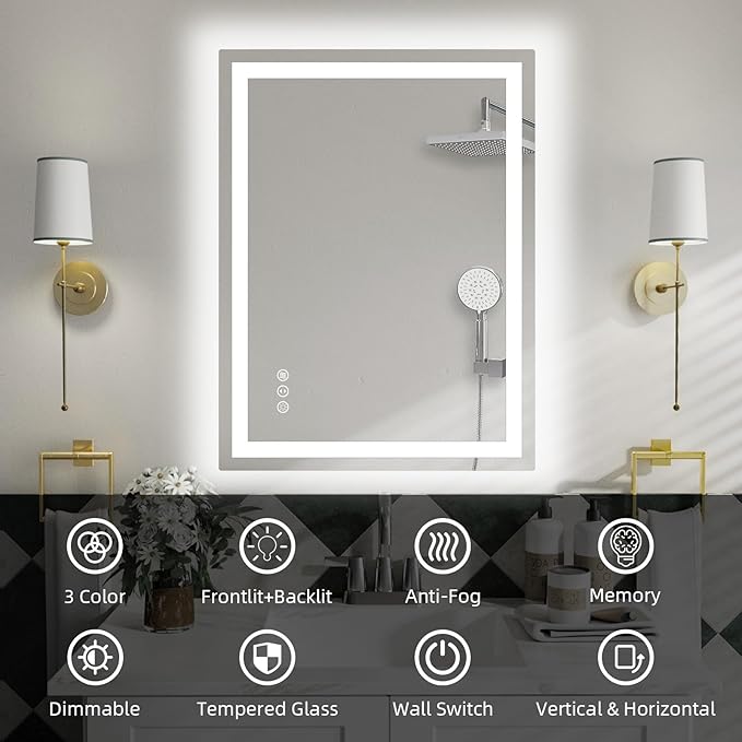 32x32 Inch Lighted Bathroom Mirror for Wall, LED Mirror for Bathroom, Dimmable, Anti-Fog, Lighted Bathroom Vanity Mirror for Wall, ETL Listed, Tempered Glass(Horizontal/Vertical)