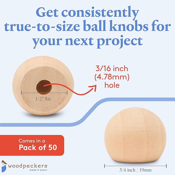 Wood Knobs, 3/4 Inch Round Natural Wood Drawer Pulls, Pack of 50 Unfinished Wooden Drawer Knobs, Ball Shaped Wooden Cabinet Knob, Nursery Dresser Knob, Wood Door Knob and Crafts