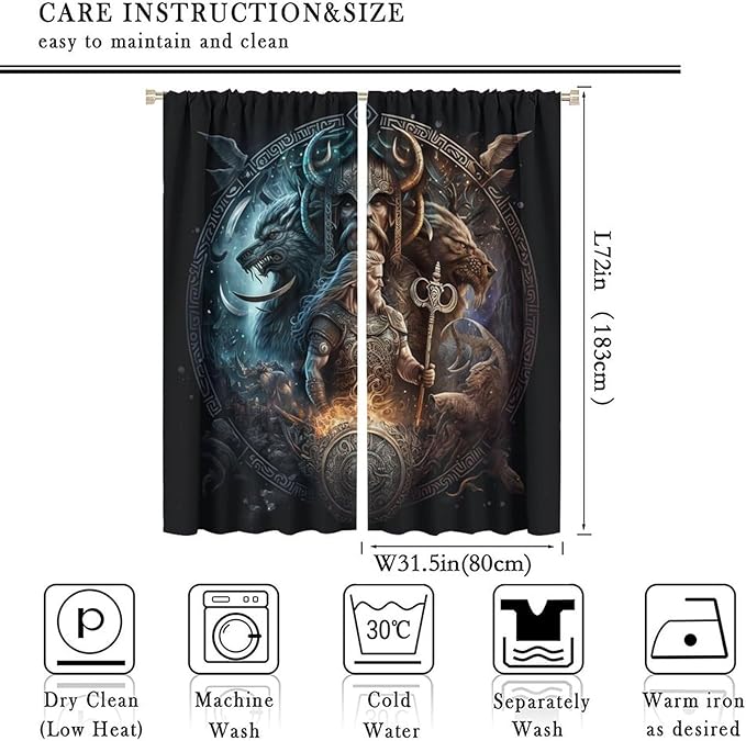 Cool Norse Viking Theme Curtains - Fantasy Ancient Symbols Wildlife Wolf Nordic Vikings Thermal Insulated Blackout Curtains - Rod Pocket Window Treatment Drapes for Bedroom 2 Panels 72L x 31.5W