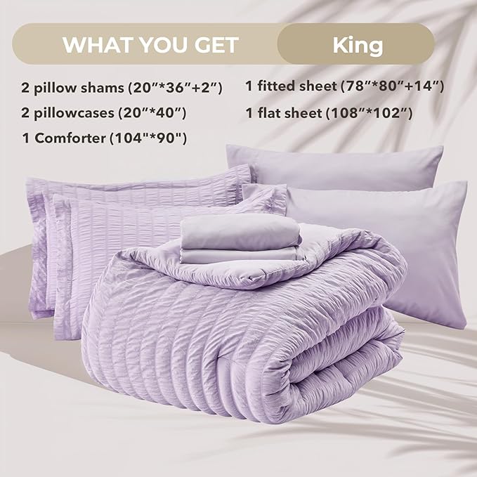 HYMOKEGE Lavender King Size Comforter Set Seersucker 7 Pieces, All Season Luxury Bed in a Bag for Bedroom, Bedding Set with Comforters, Sheets, Pillowcases & Shams
