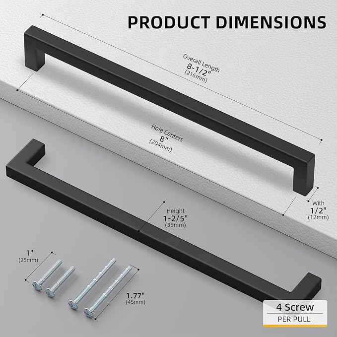 goldenwarm 45 Pack 8 Inch Black Cabinet Handles Matte Black Drawer Pulls Stainless Steel Cabinets Hardware Square Bar Modern for Kitchen Bathroom Cupboard