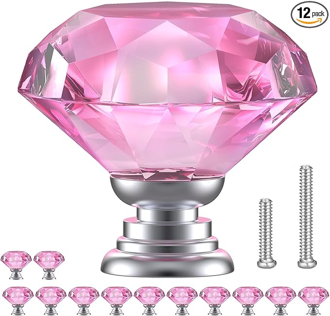 POZEAN Crystal Cabinet Knobs 12Pack, 1.18inch Dresser Knobs for Cabinet, Drawer with Two Different Sizes Screws, Diamond Glass Pulls Handles (30mm, 12Pack, Pink-Silver)