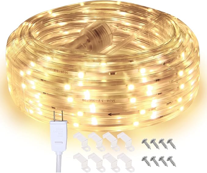 LED Rope Lights, 16.4ft Waterproof Strip Light, 3000K Soft White, Flexible Indoor Outdoor Decorative Lighting for Home Christmas Holiday Garden Patio Party