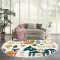 Round Rugs Composition Folk Art Animals Decorative Elements Hand Drawn Boho Area Rug Linen and Cotton Carpet Meditation Rug Washable Hallway Runner Mat Accent Rug for Bedroom Bathroom 6ft