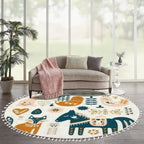 Round Rugs Composition Folk Art Animals Decorative Elements Hand Drawn Boho Area Rug Linen and Cotton Carpet Meditation Rug Washable Hallway Runner Mat Accent Rug for Bedroom Bathroom 6ft