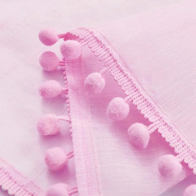 Treatmentex Sheer Curtains for Bedroom Nursery Room Pink 72 inches Long Linen Texture Slub Pom Pom Voile for Windows 52" W x 2 Panels Rod Pocket