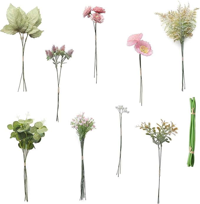 Floroom Artificial Greenery Stems Box Set, 45pcs with 6 Kinds of Faux Greenery Flowers Picks for DIY Bridal Bouquets Wedding Floral Arrangement Table Centerpieces, Dusty Rose & Green