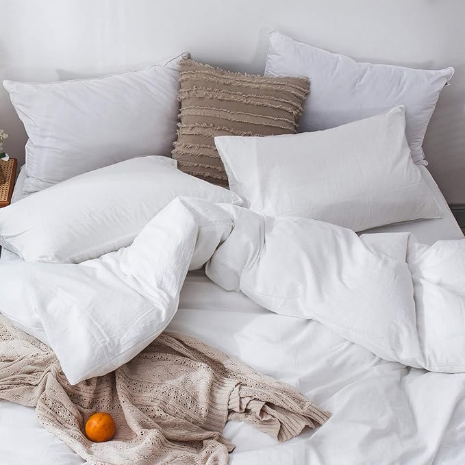 MooMee Bedding Duvet Cover Set 100% Washed Cotton Linen Like Textured Breathable Durable Soft Comfy (Solid Off White, Oversized King Plus 128"x120")