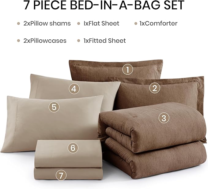 Monbix Full Size Comforter Set, Brown Bedding Comforter for Full Size Bed Set Reversible, Bedding Sets Full 7 Pieces, Cationic Dyeing Bed in a Bag with Comforter, Sheets, Pillowcases & Shams