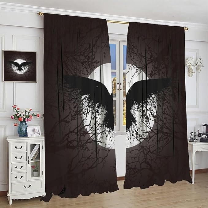 Cool Raven Print Curtains for Bedroom - Vintage Nordic Viking Theme Dead Tree Crow Full Moon Window Treatment,Energy Saving Thermal Insulated Rod Pocket Bedroom Blackout Curtains 2 Panels 72L x 31.5W