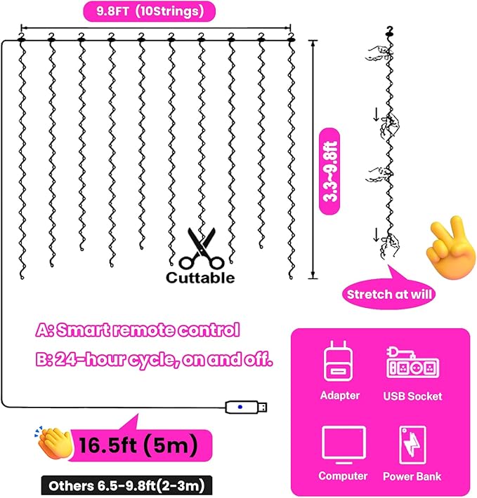 HXWEIYE 300LED Fairy Curtain Lights, 9.8x9.8Ft USB Plug-in 8 Modes Christmas String Hanging Lights with Remote for Bedroom Backdrop Wedding Party Indoor Wall Decor, Pink, Standard