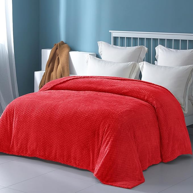 Exclusivo Mezcla Fleece Queen Size Blanket for Bed, 90x90 Inches Soft Cozy Jacquard Flannel Blankets, Lightweight Fuzzy Plush Warm for Winter, Red