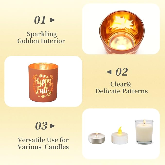 Hewory Thanksgiving Votive Candle Holders: Fall Glass Tea Light Candle Holder Set of 6, Thanksgiving Table Decorations Centerpieces for Dinner Tabe Fireplace Mantle Fall Decorations for Home Party