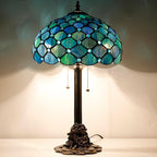 Tiffany Stained Glass Table Lamp 12X12X21Inch Resin Base Desk Bedroom Living Room Reading Light (Sea Blue Pearl)