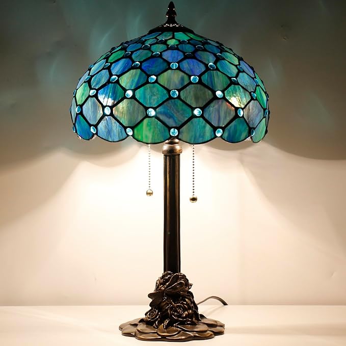 Tiffany Stained Glass Table Lamp 12X12X21Inch Resin Base Desk Bedroom Living Room Reading Light (Sea Blue Pearl)