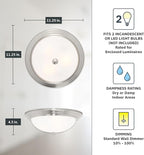 DESIGNERS FOUNTAIN Reedley 2-Lights Flush Mount Ceiling Light, 11 Inch Lighting Fixture for Kitchen, Bedroom, Bathroom, and Hallway, Satin Platinum with Etched Glass, 1257S-SP-W
