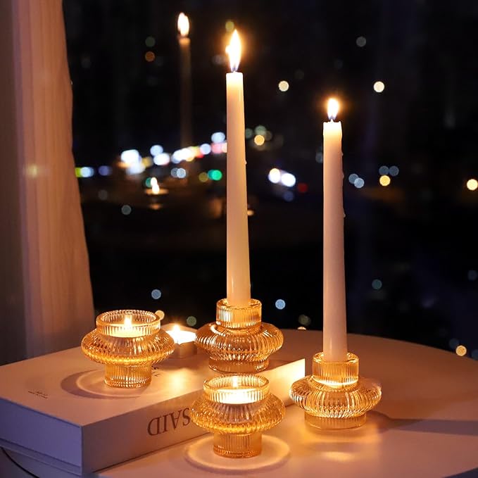 VOHO Champagne Gold Taper Candle Holders for Table Centerpiece, Classic Ribbed Candlestick Holders for Birthday Party Wedding Decor, Versatile Glass Candle Holder for Tealights/Taper Candles(Set of 6)